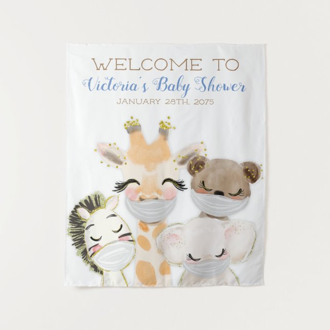 Tapete De Parede Fundo de Chuva de Bebê Menino com Animais com Másc (Frente)