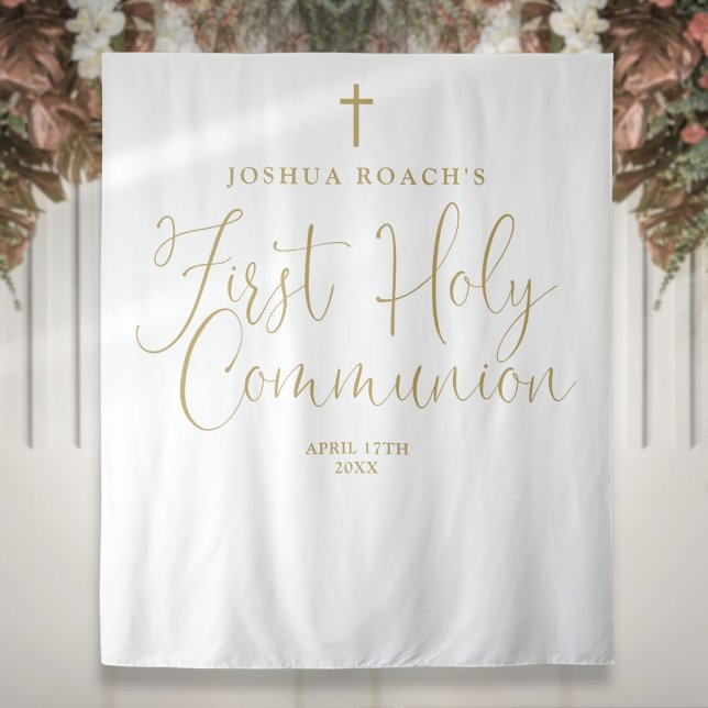 Tapete De Parede Fundo de Comunhão Solene em Script Dourado Elegant (Elegant Gold Script First Holy Communion Backdrop)