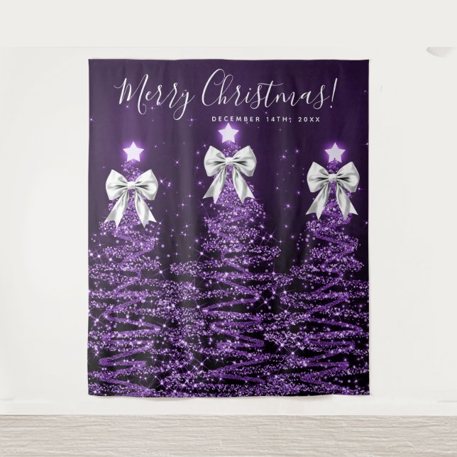Tapete De Parede Fundo de Férias Roxo Árvores de Natal Prata  (Frente)