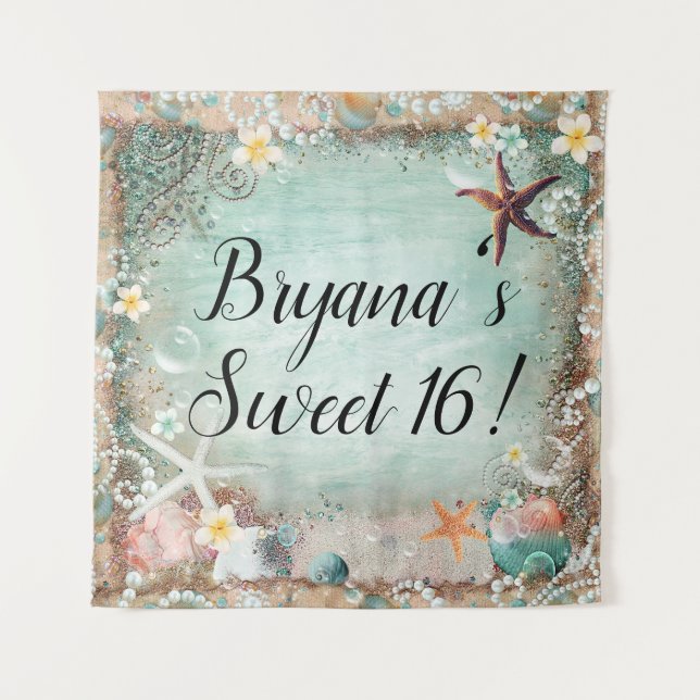 Tapete De Parede Fundo de festa de estrela-do-mar e pérolas de prai (Frente)