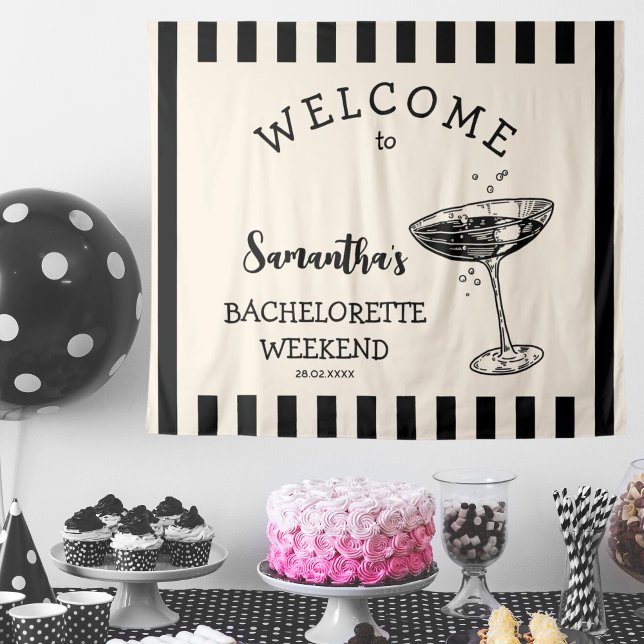 Tapete De Parede Fundo de festa de solteira retrô Cocktail (Retro Stripes Bachelorette Party Backdrop Cocktail Tapestry
black and white)