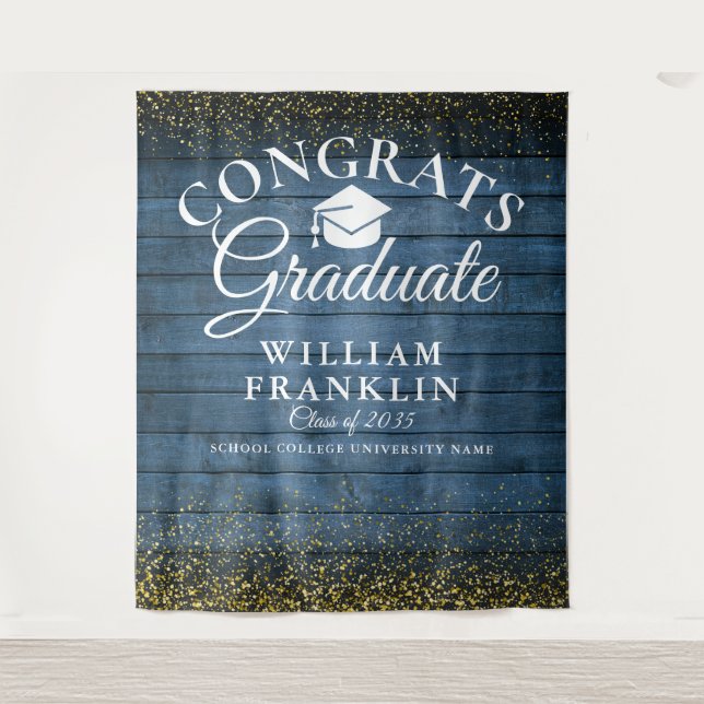 Tapete De Parede Fundo de Foto de Formatura Blue Wood Gold Glitter (Frente)