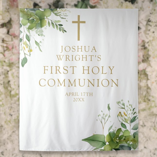 Tapete De Parede Fundo de Foto Primeira Comunhão Folhagem (Greenery First Holy Communion Photo Backdrop)