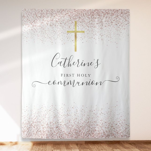 Tapete De Parede Fundo de fotografia de Primeira Comunhão com brilh (Rose Gold Glitter Holy Communion Photo Backdrop)