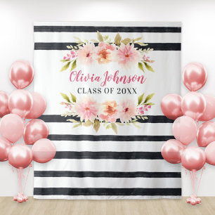 Tapete De Parede Fundo de Graduação com Listras Florais Rosa Modern