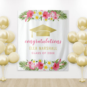 Tapete De Parede Fundo de Graduação Rosa Tropical Gold de Parabéns