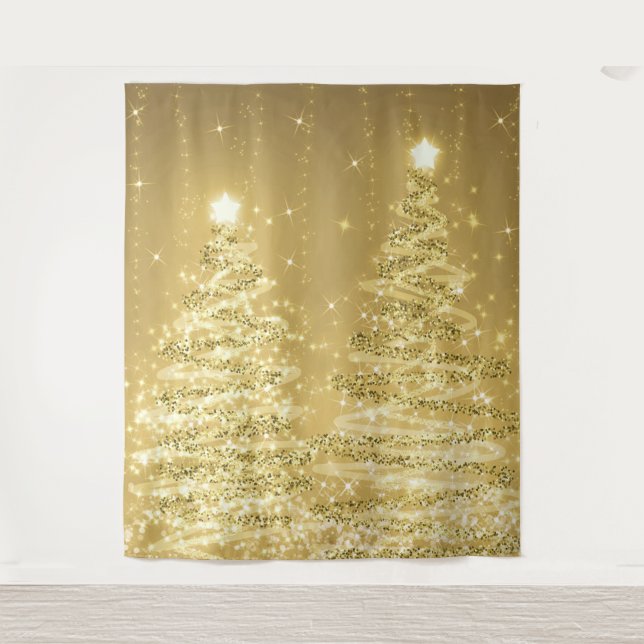 Tapete De Parede Fundo de Natal Árvores Brilhantes Douradas (Frente)