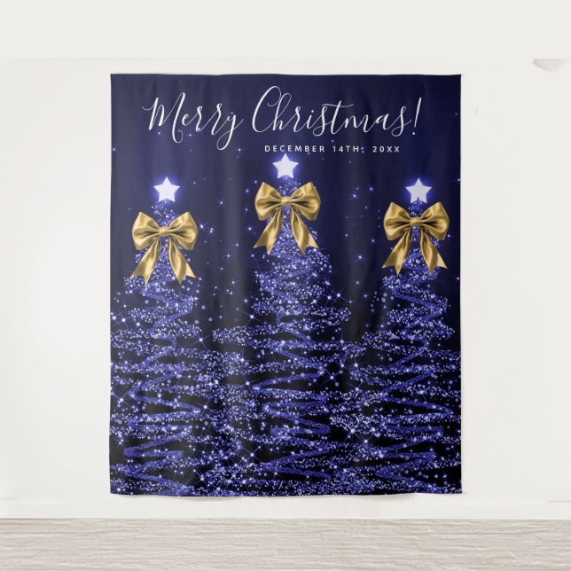 Tapete De Parede Fundo de Natal Azul Marinho Árvores de Natal Doura (Frente)