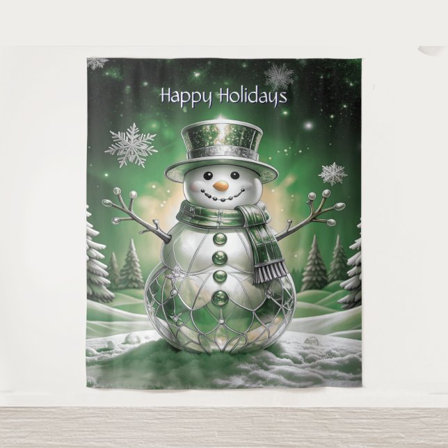 Tapete De Parede Fundo de Natal com Boneco de Neve Verde e Flocos d (Frente)