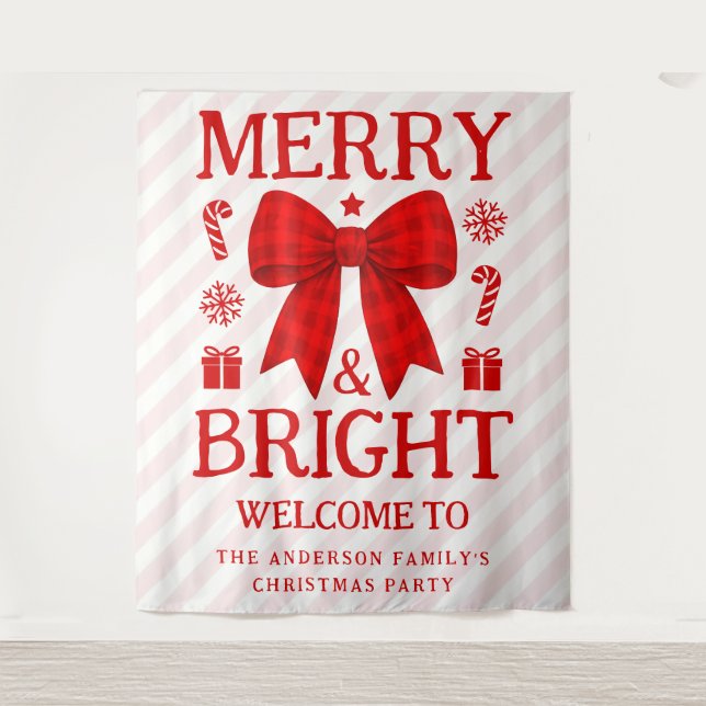 Tapete De Parede Fundo de Natal com Laço de Gingham Vermelho Alegre (Frente)