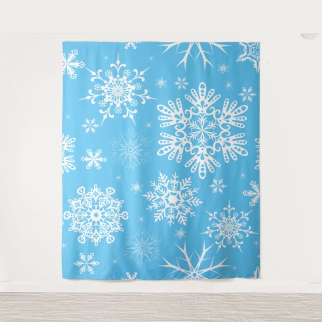 Tapete De Parede Fundo de Natal com padrão de floco de neve azul ce (Frente)