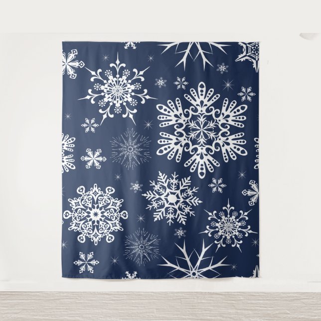 Tapete De Parede Fundo de Natal com padrão de floco de neve branco  (Frente)