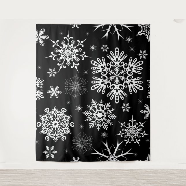 Tapete De Parede Fundo de Natal com padrão de floco de neve preto e (Frente)