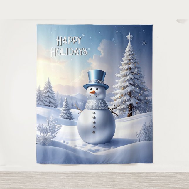 Tapete De Parede Fundo de Natal do Boneco de Neve com Chapéu Azul (Frente)