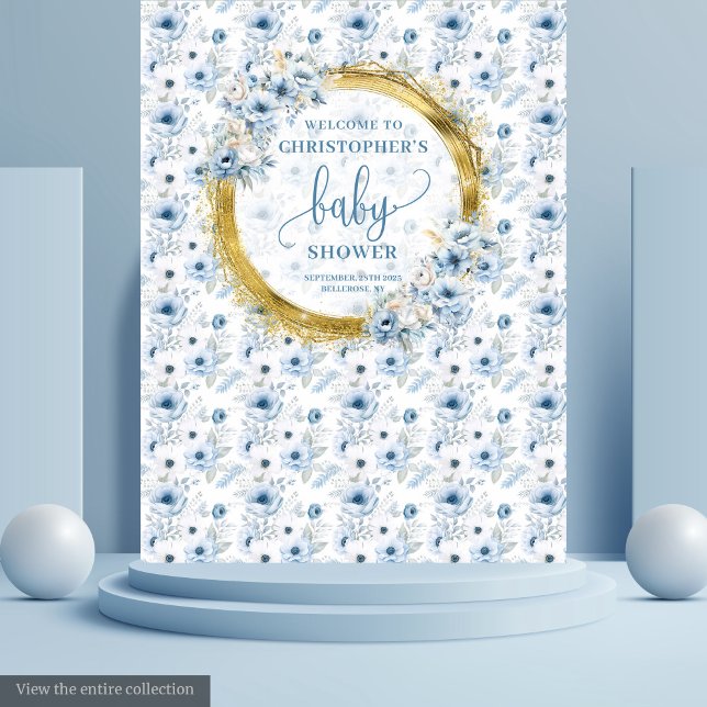 Tapete De Parede Fundo do Chá de fraldas das flores Douradas azuis  (Cute Dusty Blue Gold Flowers Baby Shower Backdrop

)