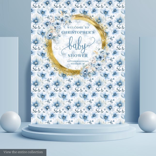 Tapete De Parede Fundo do Chá de fraldas Dourado Azul Pastel Branco (Whimsical Pastel Blue Gold Baby Shower Backdrop

)