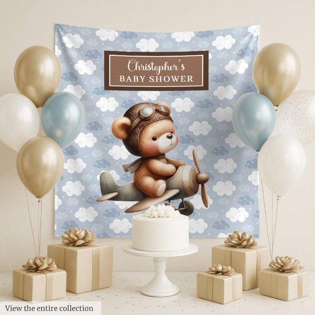 Tapete De Parede Fundo do chá de fraldas piloto de ursinho doce (Sweet teddy bear pilot baby shower party backdrop)