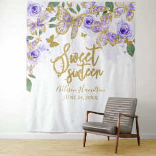 Tapete De Parede Fundo Floral de Borboletas Roxas Sweet 16