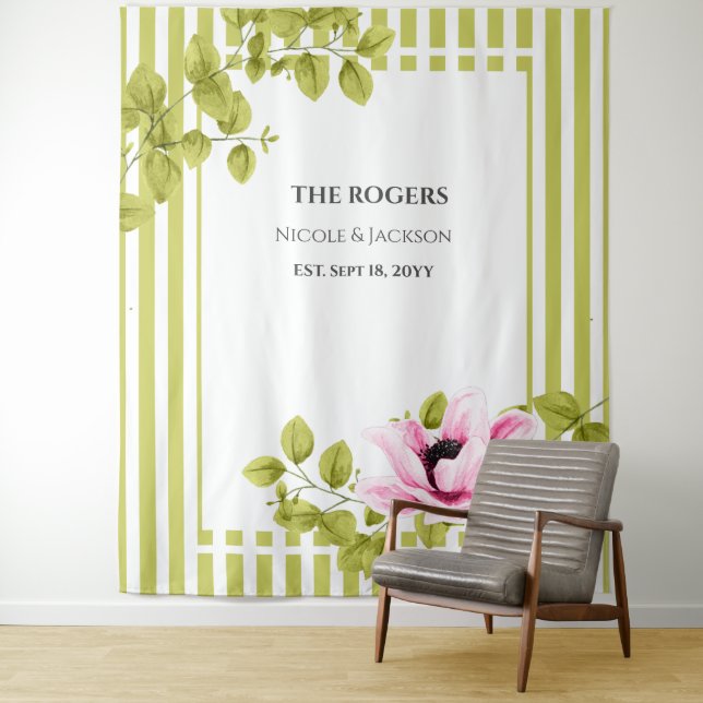 Tapete De Parede Fundo Fotográfico com Listras Verdes e Flores Rosa (In Situ)