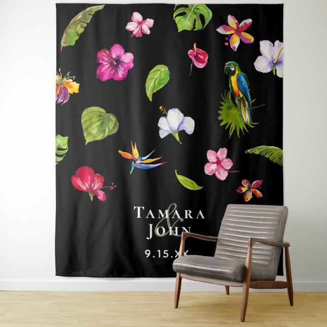 Tapete De Parede Fundo Preto Tropical com Flores Rosa para Cabine d (In Situ)