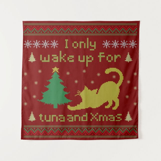 Tapete De Parede Funny Tuna Christmas Cat – Ugly Xmas Pixel Style (Frente)
