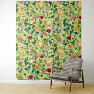 Tapete De Parede Galinhas e flores silvestres em verde-orvalho