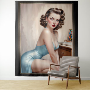 Tapete De Parede Garota Pin-Up Elegante Beleza Em Traje De Seda Azu