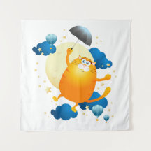 Gatinho bonito voando com guarda-chuva