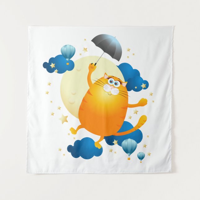 Tapete De Parede Gatinho bonito voando com guarda-chuva (Frente)