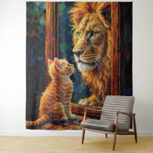 Tapete De Parede Gatinho Vendo Reflexo de Leão Motivacional Impasto