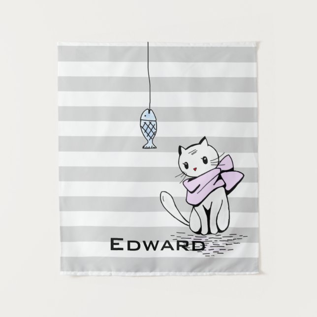 Tapete De Parede Gato branco esvaziado e peixe (Frente)