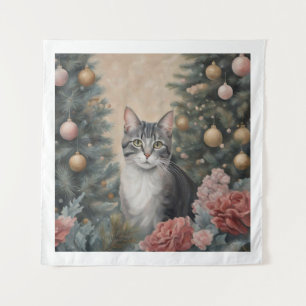 Tapete De Parede Gato de Natal bonito em meio a flores e árvores