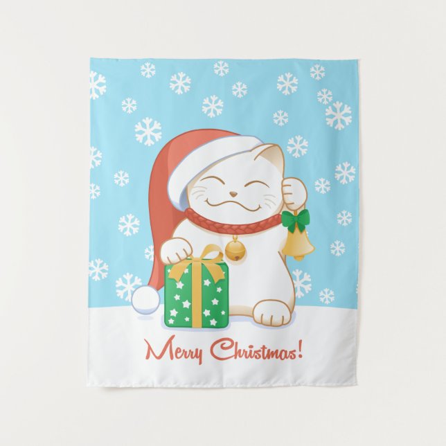 Tapete De Parede Gato de Natal Branco num Chapéu Vermelho (Frente)