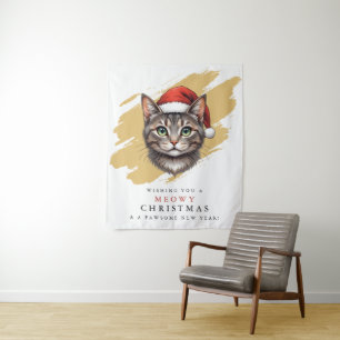 Tapete De Parede Gato de Natal Fofo Moderno com Chapéu de Papai Noe