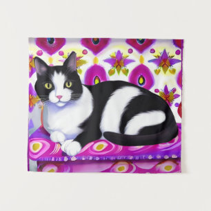 Tapete De Parede Gato de Tuxedo preto e branco em uma almofada