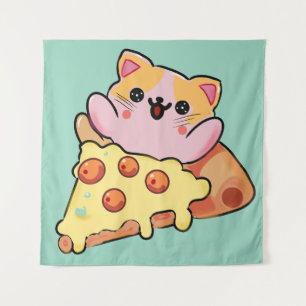 Tapete De Parede Gato Kawaii Abraçando Pizza de Pepperoni Cartoon