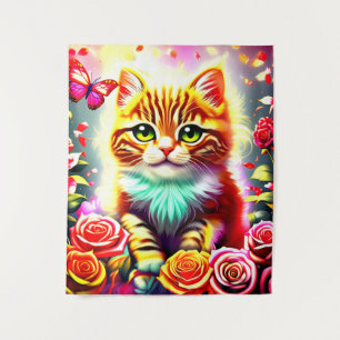 Tapete De Parede "Gato Malhado Mágico com Rosas e Arte de Borboleta