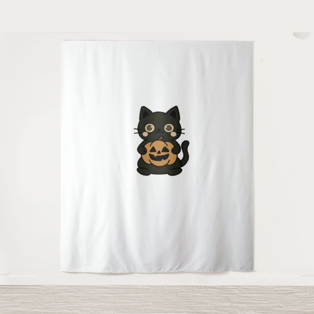 Tapete De Parede Gato Negro Bonito Segurando Jack O Lanterna Pumpki (Frente)