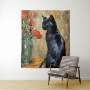 Tapete De Parede Gato Negro e Flores