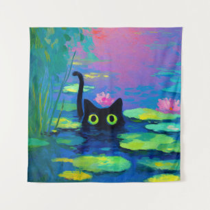 Tapete De Parede Gato Negro Engraçado Nadando Pond Quirky Art