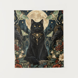 Tapete De Parede Gato Negro Gótico Celestial con Luna y Cuervos.