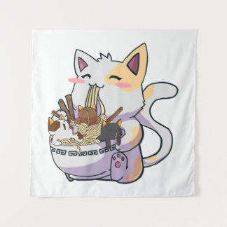Tapete De Parede Gato Neko Fofo Com Tigela De Macarrão Ramen Anime 