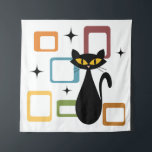 Tapete De Parede gato preto meio século<br><div class="desc">Ilustração colorida do estilo do Meio século abstrato com gato preto,  estrelas pretas e ornamentação colorida em fundo branco. Você pode adicionar seu nome/monograma para personalizar o item.</div>