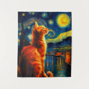 Tapete De Parede Gato Ruivo Contemplativo Céu Noturno Estrelado
