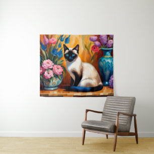 Tapete De Parede Gato siamês e Buquês em Vases