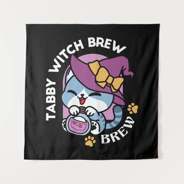 Tapete De Parede Gato Tabby de Halloween – Chapéu de Bruxa e Arte d (Frente)