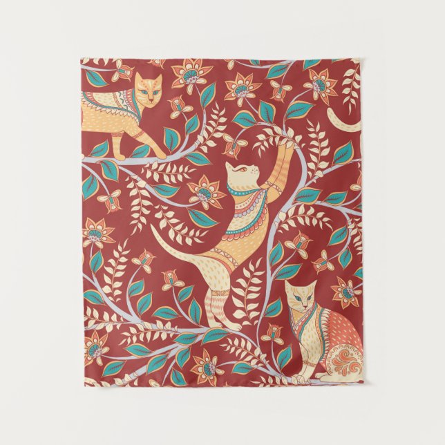 Tapete De Parede Gatos com ornamentos, ramos com flores e folhas (Frente)