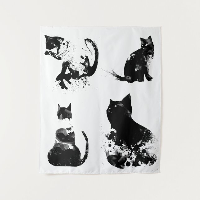 Tapete De Parede Gatos De Aquarela, Gato Preto, Mínimo, Preto E Bra (Frente)