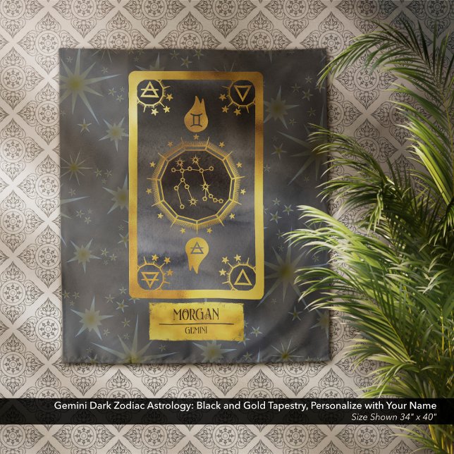Tapete De Parede Gemini Astrologia Zodíaca Escura: Nome Dourado Pre (Gemini Dark Zodiac Astrology: Black and Gold Tapestry, Personalized with Your Name.)
