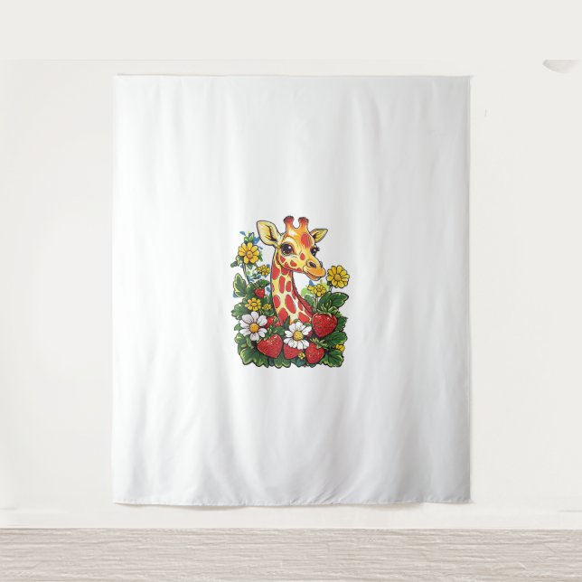 Tapete De Parede Girafa Morangos e Flores Gira Gráfica Cuta (Frente)